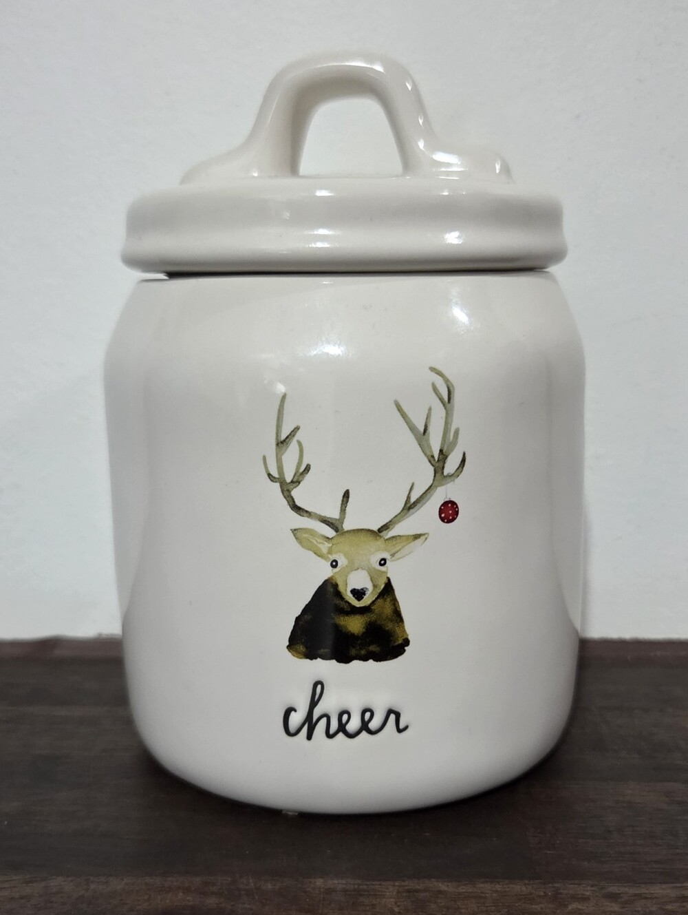 Rae Dunn Small Holiday Canister with Reindeer/Cheer